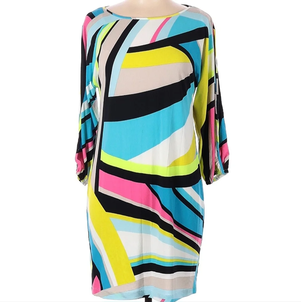 CALVIN KLEIN Colorful Geometric Shift 3/4 Slit Sleeves Sz 8 Dopamine Dress - Picture 2 of 4